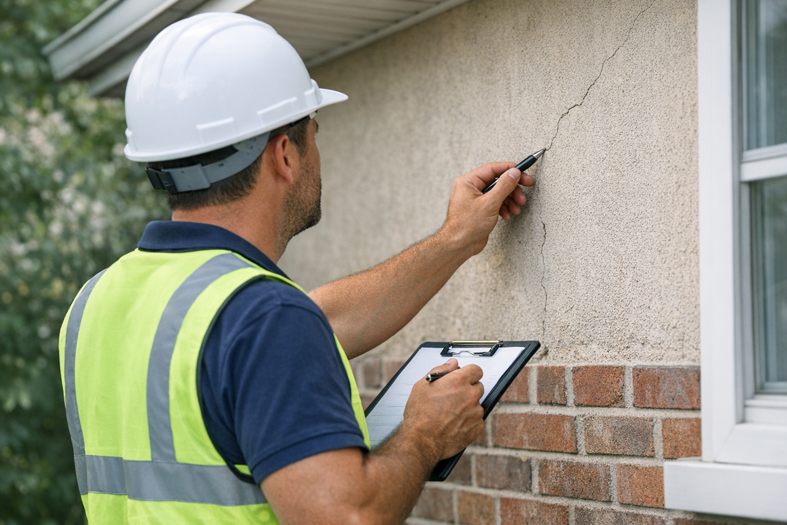 man inspecting brick